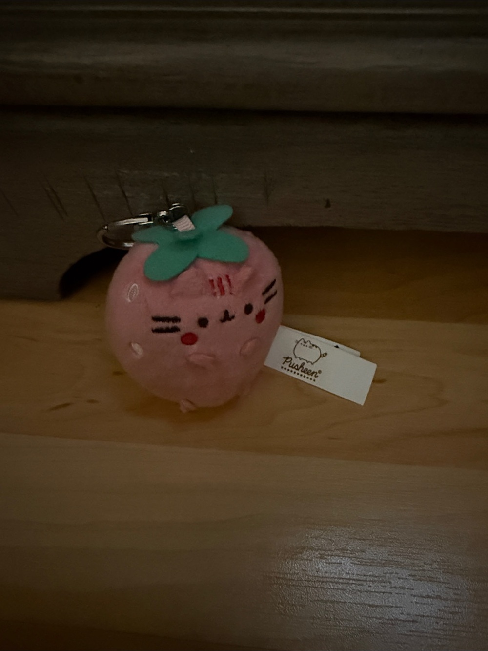 Pusheen Pink Strawberry Keychain with Green Leaf
